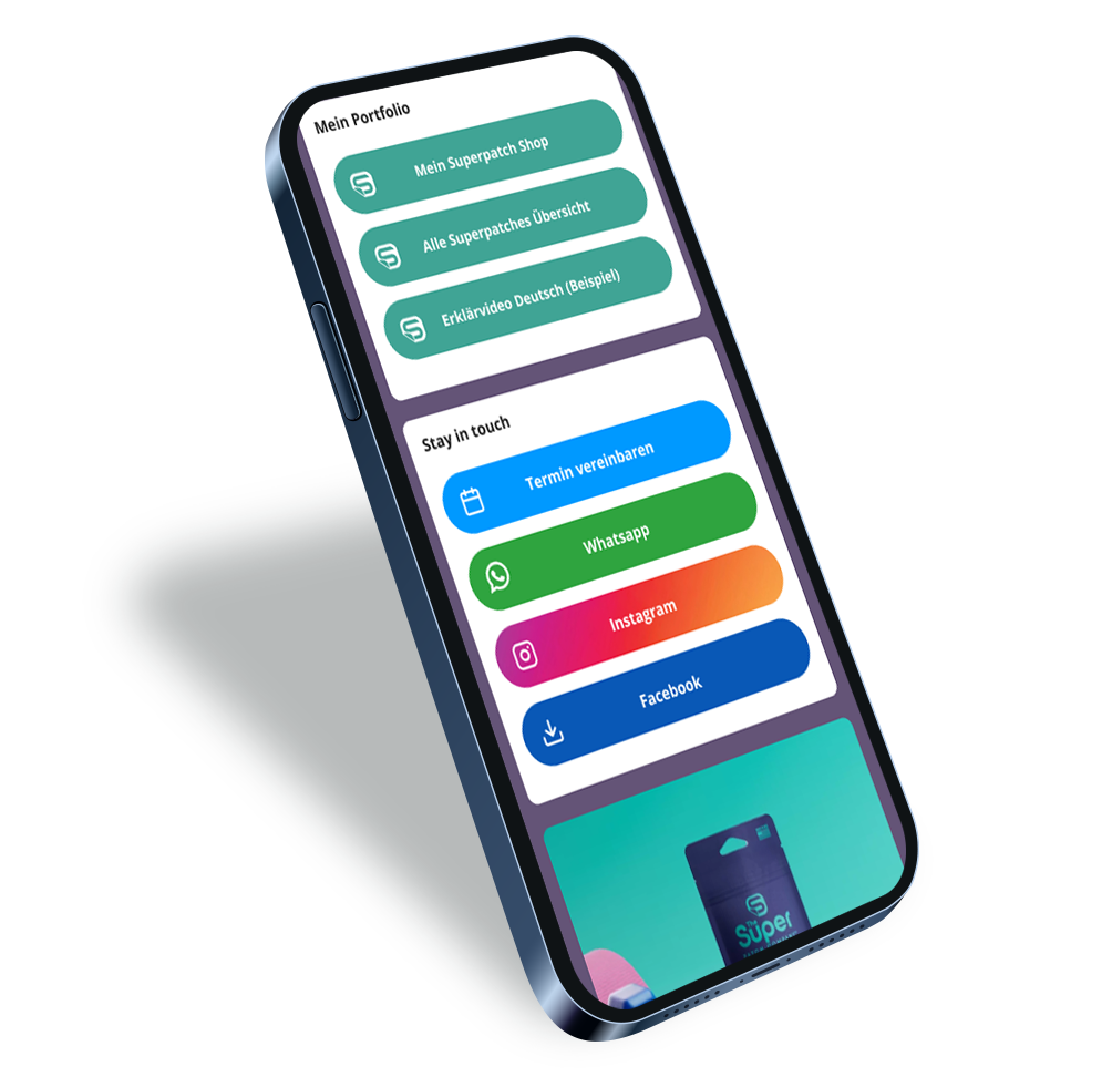 A smartphone displaying an example of a Smartpage with a blue theme (same image as before).