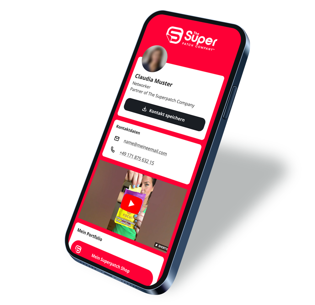A smartphone displaying an example of a Smartpage with a red theme (same image as before).