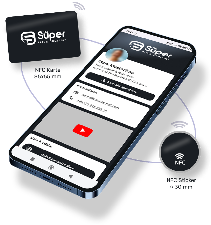 Image showing a credit card sized NFC mySmartpage business card with dimensions of 85x55 millimeters and a round NFC tag with a diameter of 30 millimeters, both surrounding a smartphone. The smartphone displays an example of a Smartpage with a dark theme.