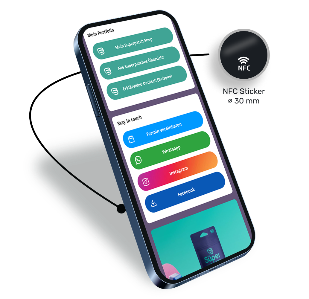 Image showing a round NFC tag with a diameter of 30 millimeters next to a smartphone. The smartphone displays an example of a Smartpage with a blue theme.