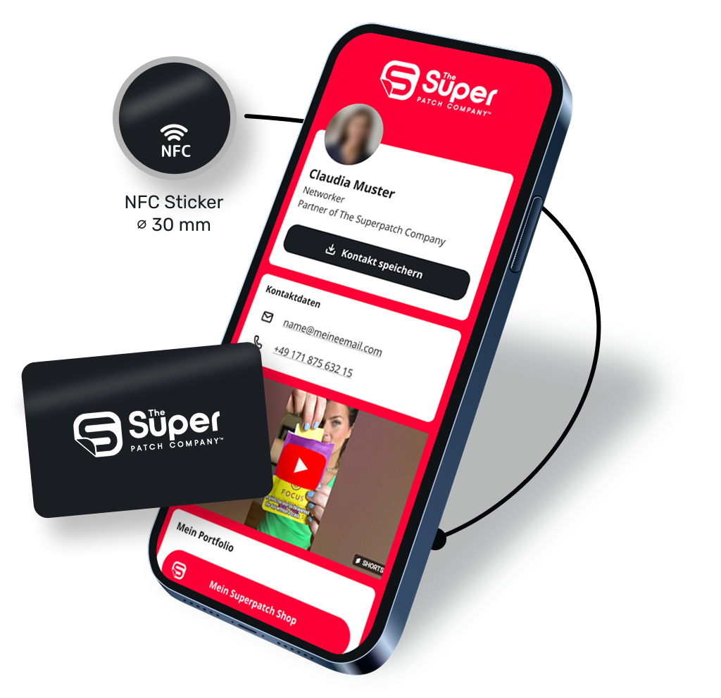 Image showing both a round NFC tag with a diameter of 30 millimeters and a credit card sized NFC mySmartpage business card next to a smartphone. The smartphone displays an example of a Smartpage with a red theme.